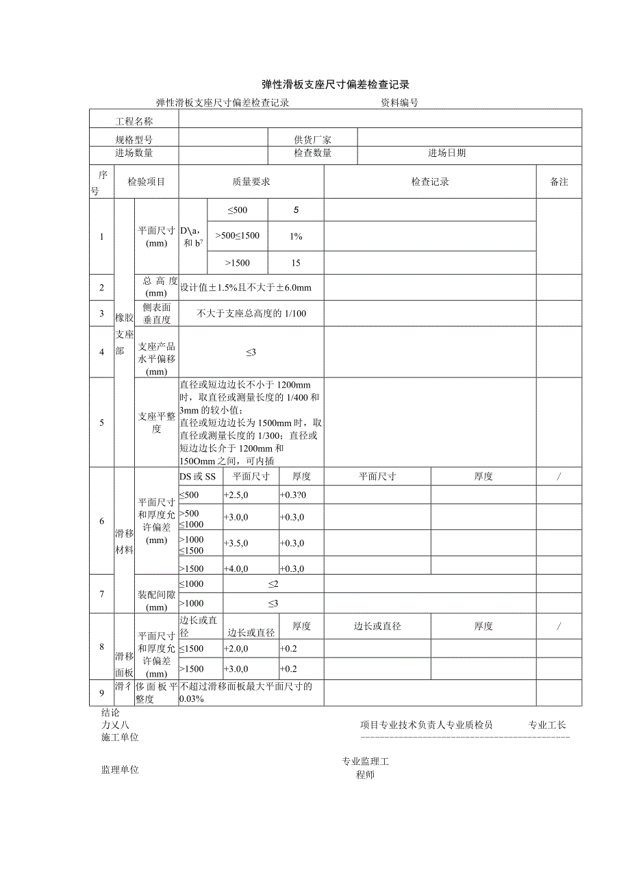 弹性滑板支座尺寸偏差检查记录.docx_第1页