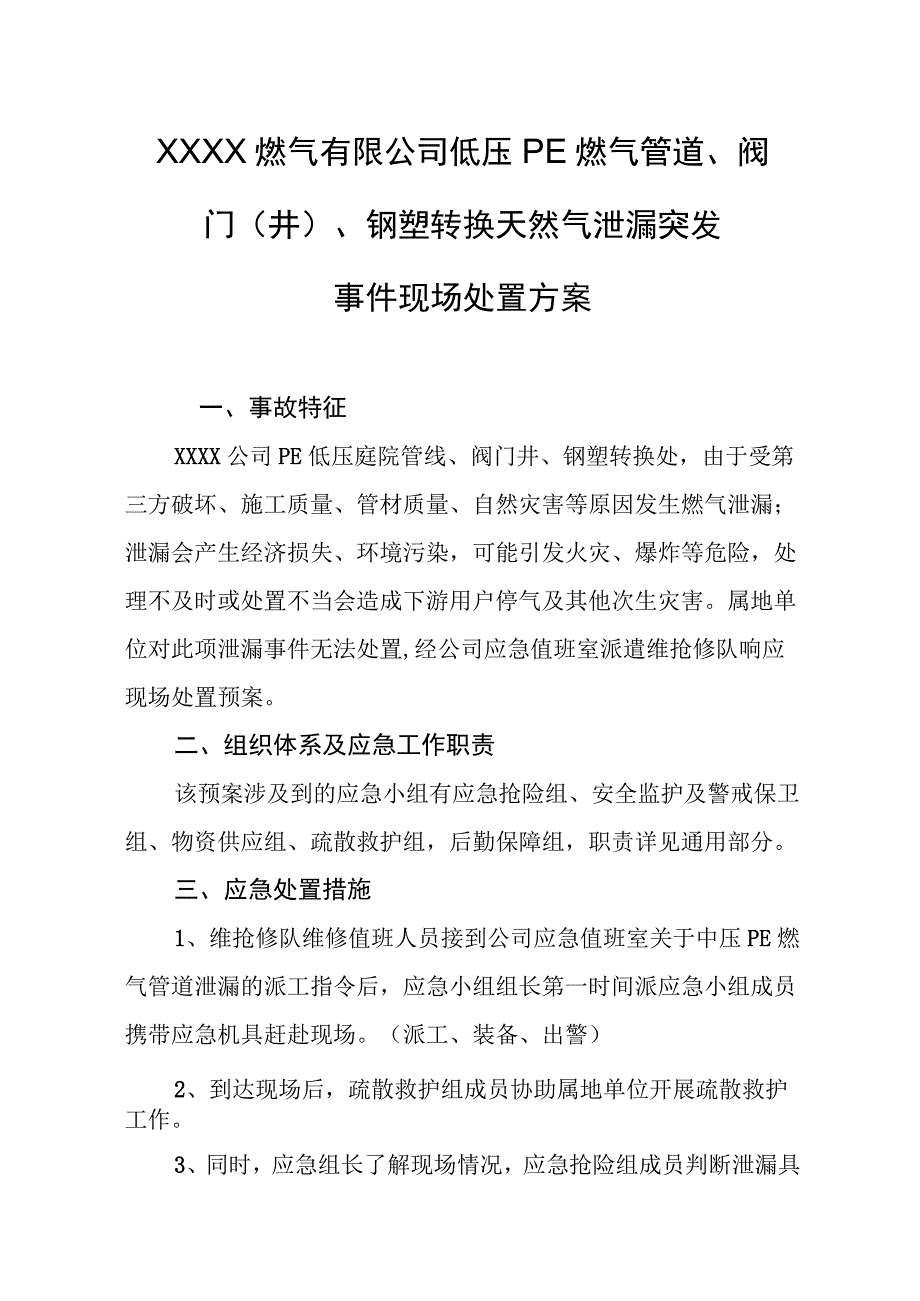 燃气有限公司低压PE燃气管道、阀门（井）、钢塑转换天然气泄漏突发事件现场处置方案.docx_第1页