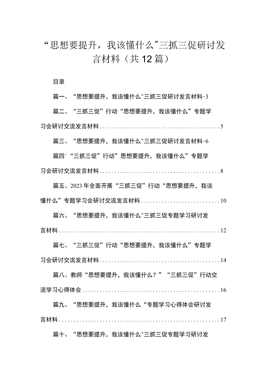 （12篇）“思想要提升我该懂什么”三抓三促研讨发言材料供参考.docx_第1页