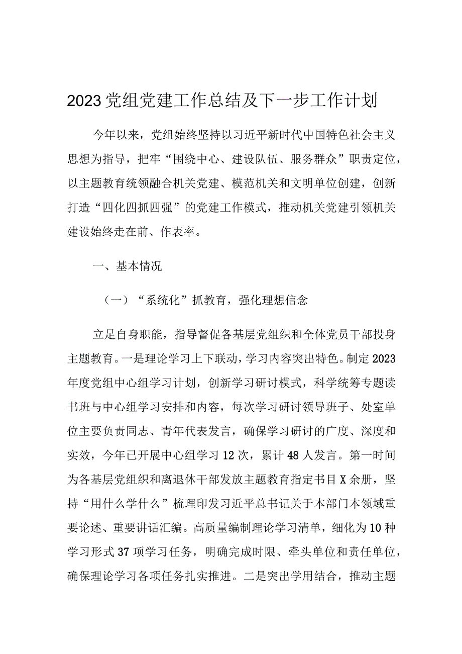 2023党组党建工作总结及下一步工作计划.docx_第1页