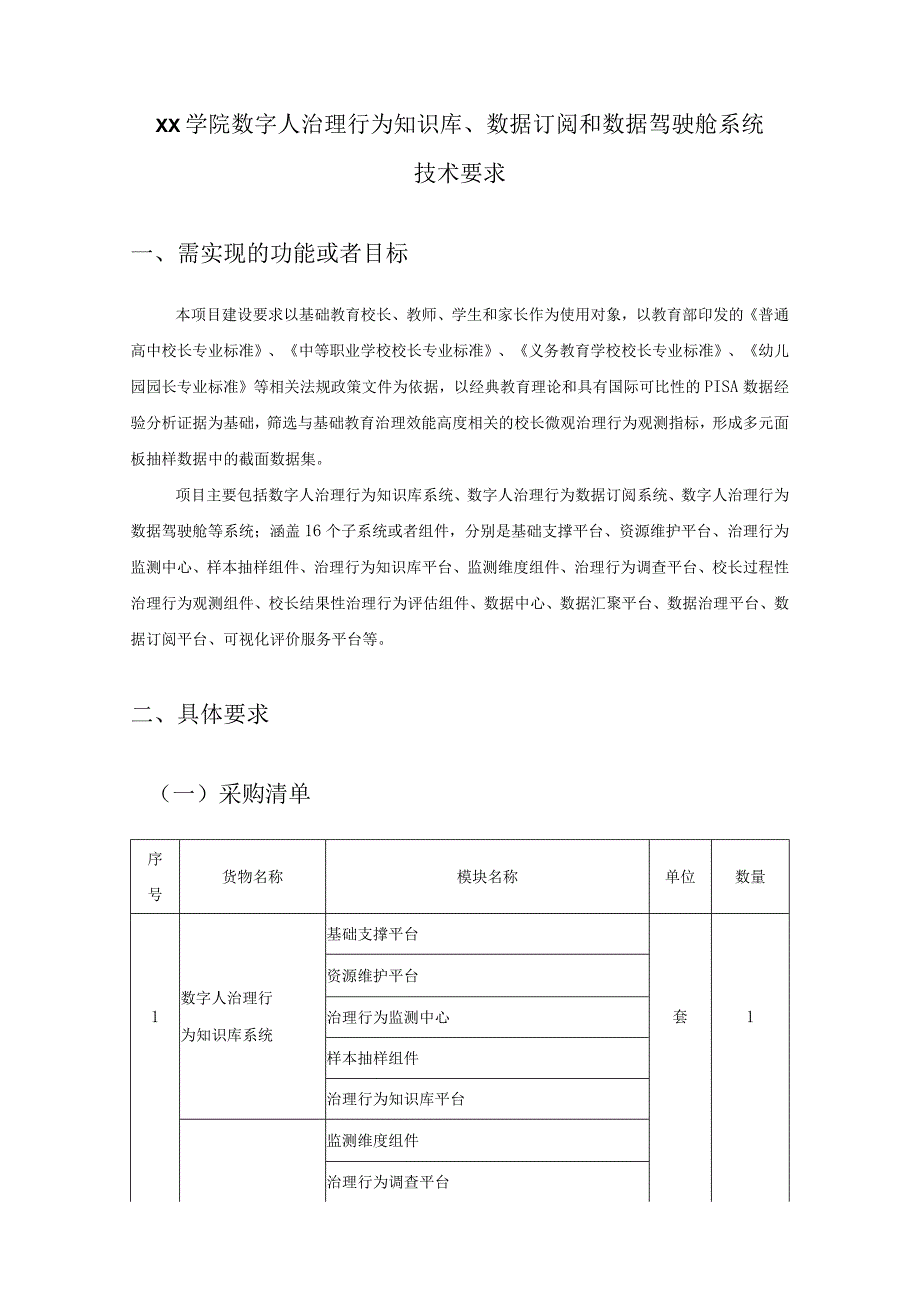 XX学院数字人治理行为知识库、数据订阅和数据驾驶舱系统技术要求.docx_第1页