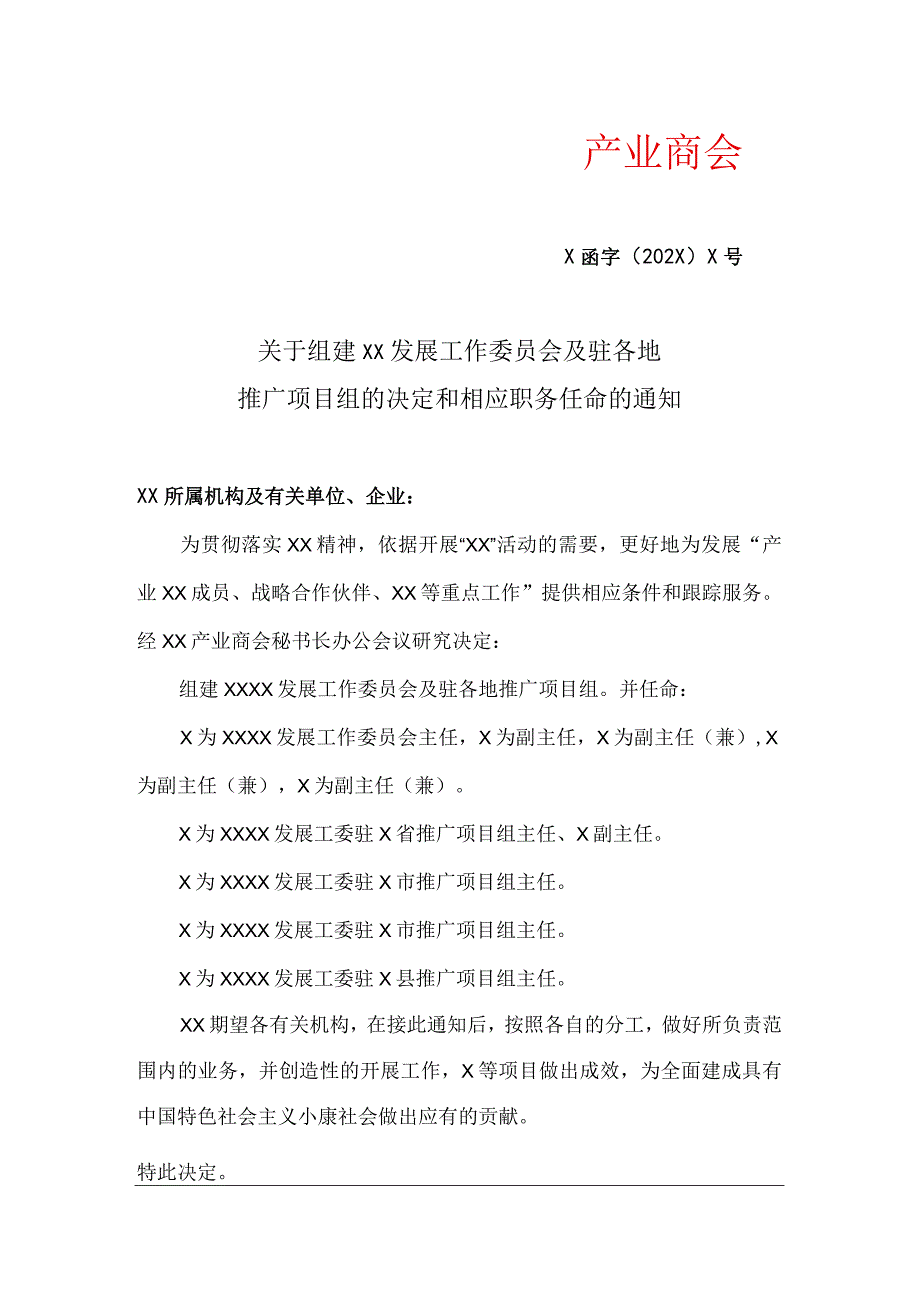 关于组建XX发展工作委员会及驻各地推广项目组的决定和相应职务任命的通知（2023年）.docx_第1页