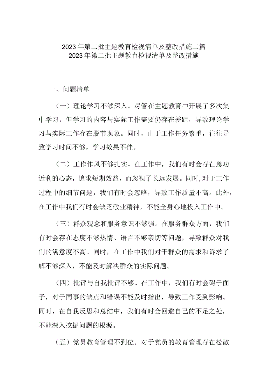 2023年第二批主题教育检视清单及整改措施二篇.docx_第1页