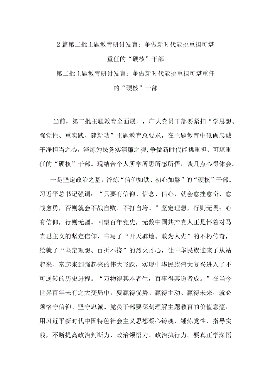 2篇第二批主题教育研讨发言：争做新时代能挑重担 可堪重任的“硬核”干部.docx_第1页