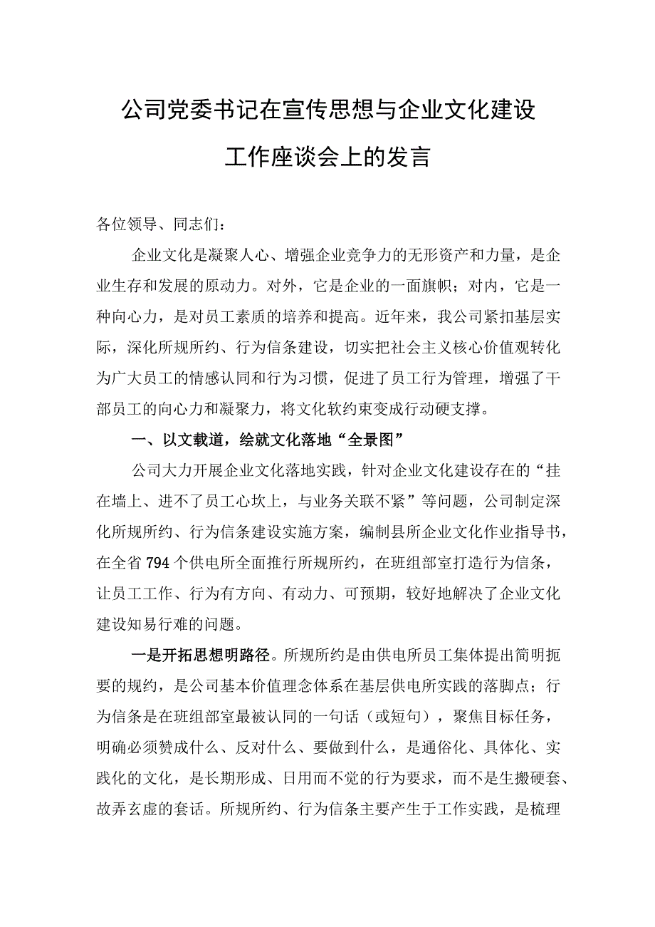 2023年公司党委书记在宣传思想与企业文化建设工作座谈会上的发言.docx_第1页