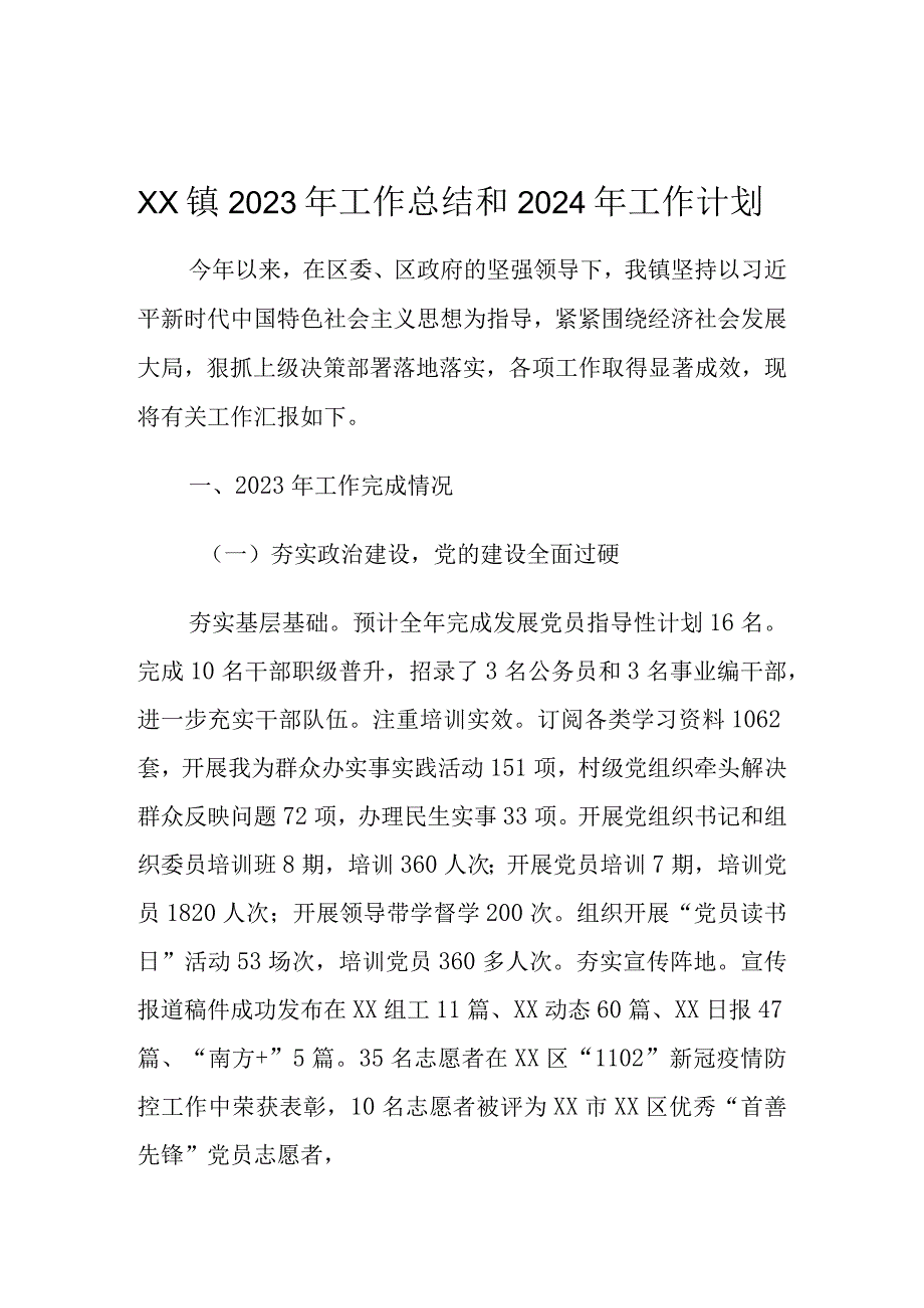 XX镇2023年工作总结和2024年工作计划.docx_第1页