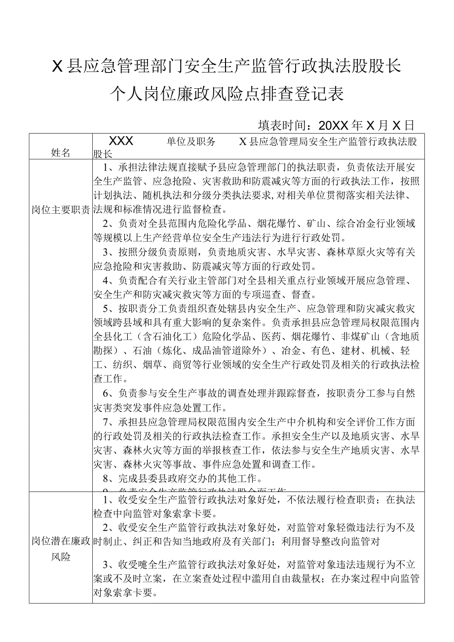 X县应急管理部门安全生产监管行政执法股股长个人岗位廉政风险点排查登记表.docx_第1页