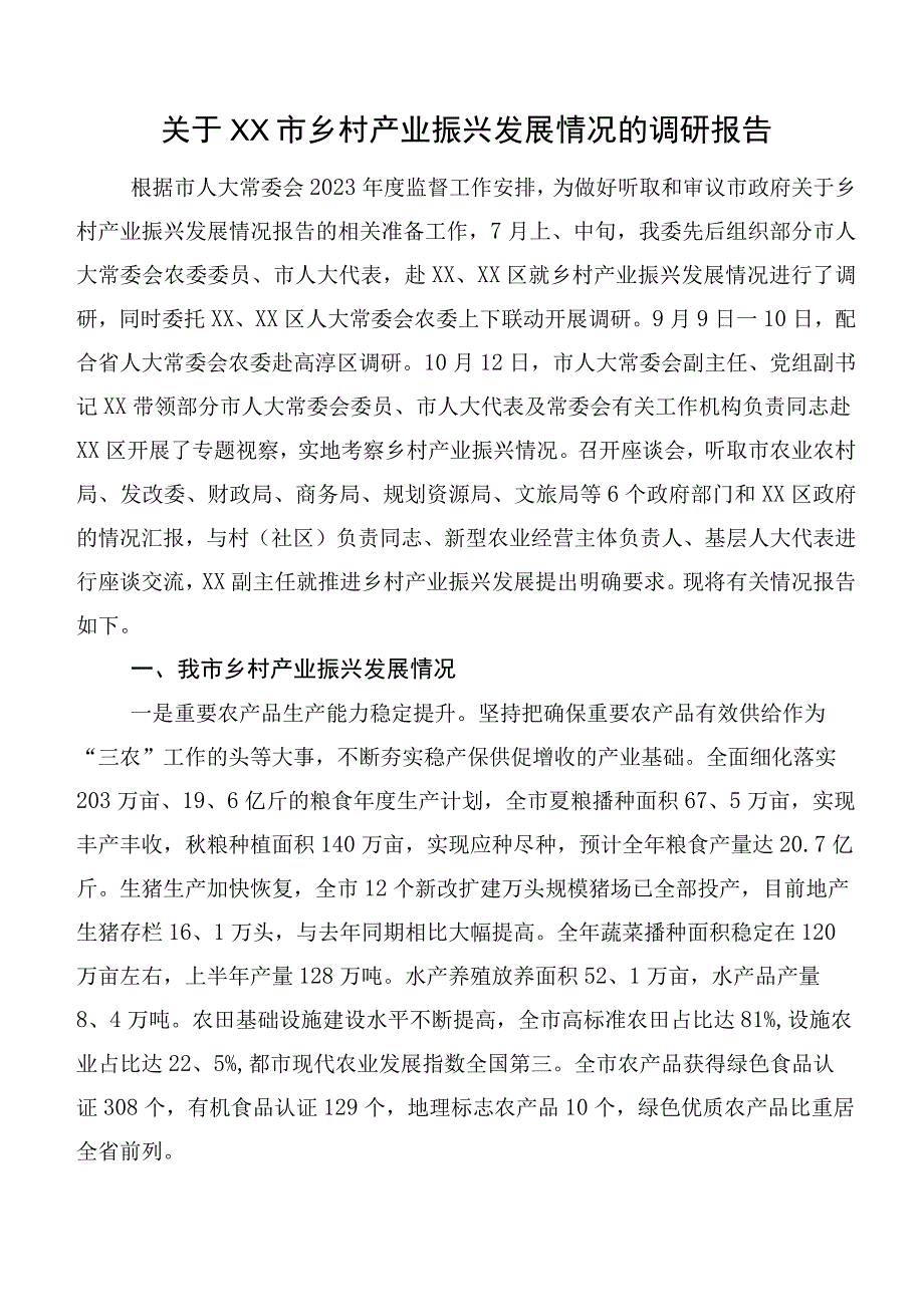 关于XX市乡村产业振兴发展情况的调研报告.docx_第1页