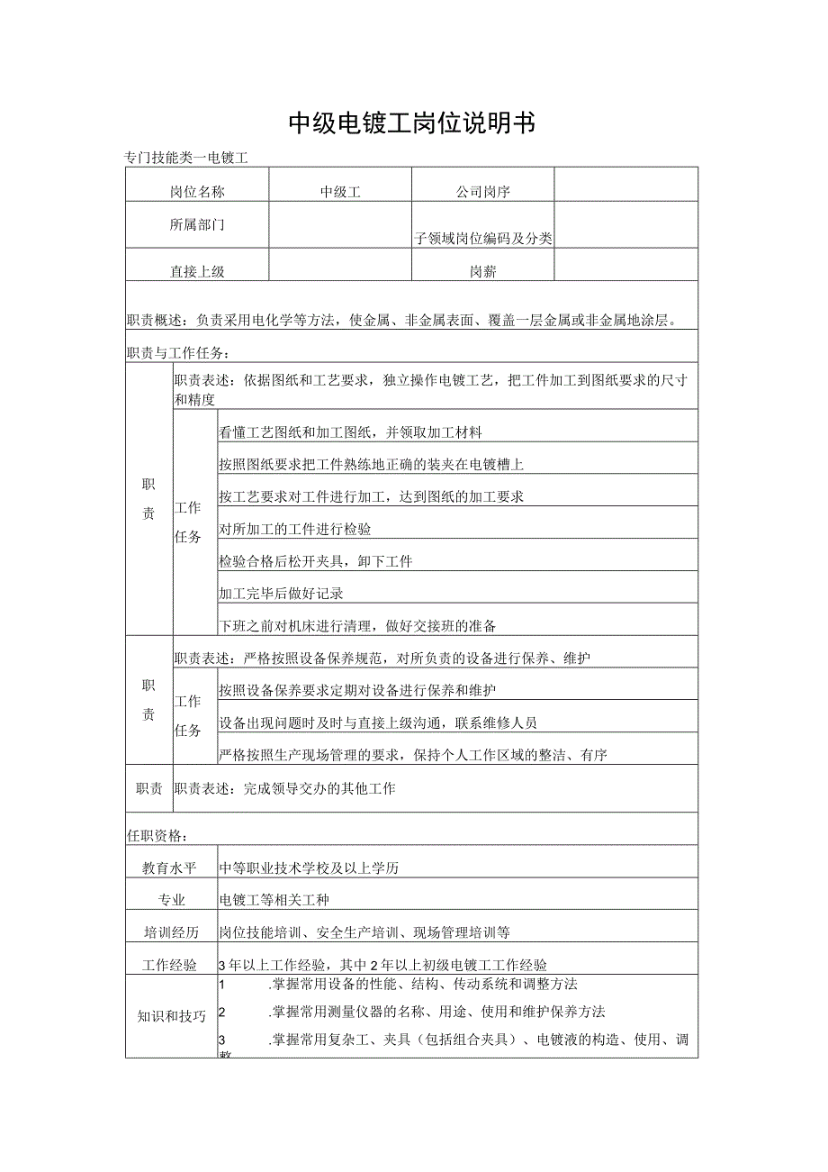 中级电镀工岗位说明书.docx_第1页