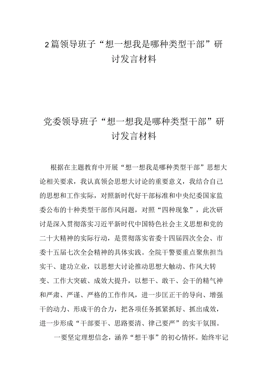 2篇领导班子“想一想我是哪种类型干部”研讨发言材料.docx_第1页