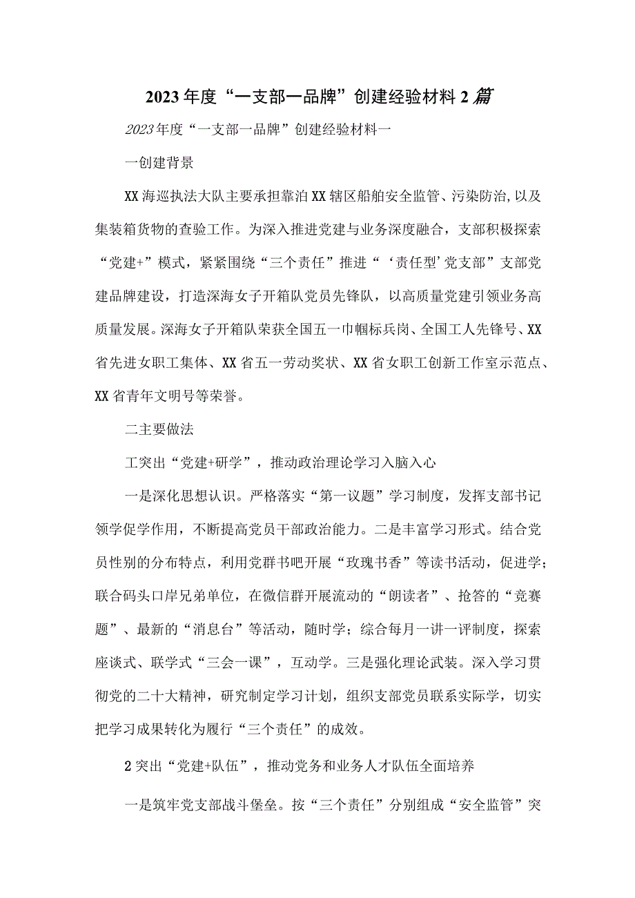 2023年度“一支部一品牌”创建经验材料2篇.docx_第1页