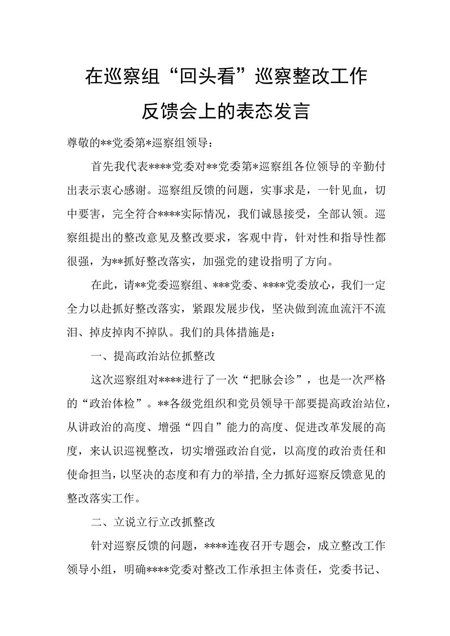 在巡察组“回头看”巡察整改工作反馈会上的表态发言.docx_第1页