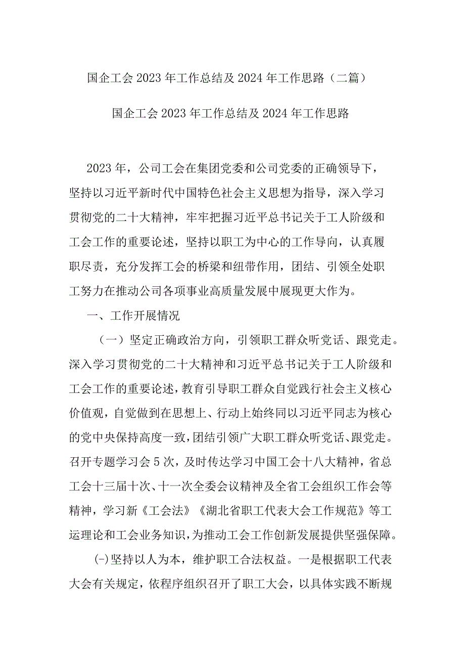 国企工会2023年工作总结及2024年工作思路(二篇).docx_第1页