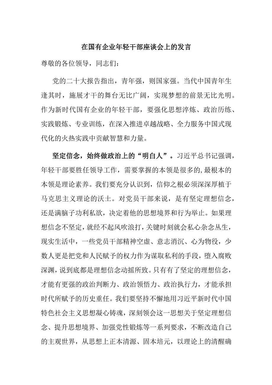 在国有企业年轻干部座谈会上的发言.docx_第1页