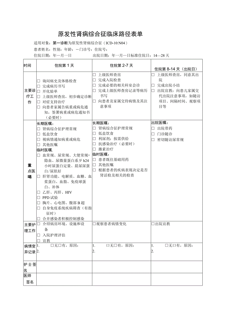 原发性肾病综合征临床路径表单.docx_第1页