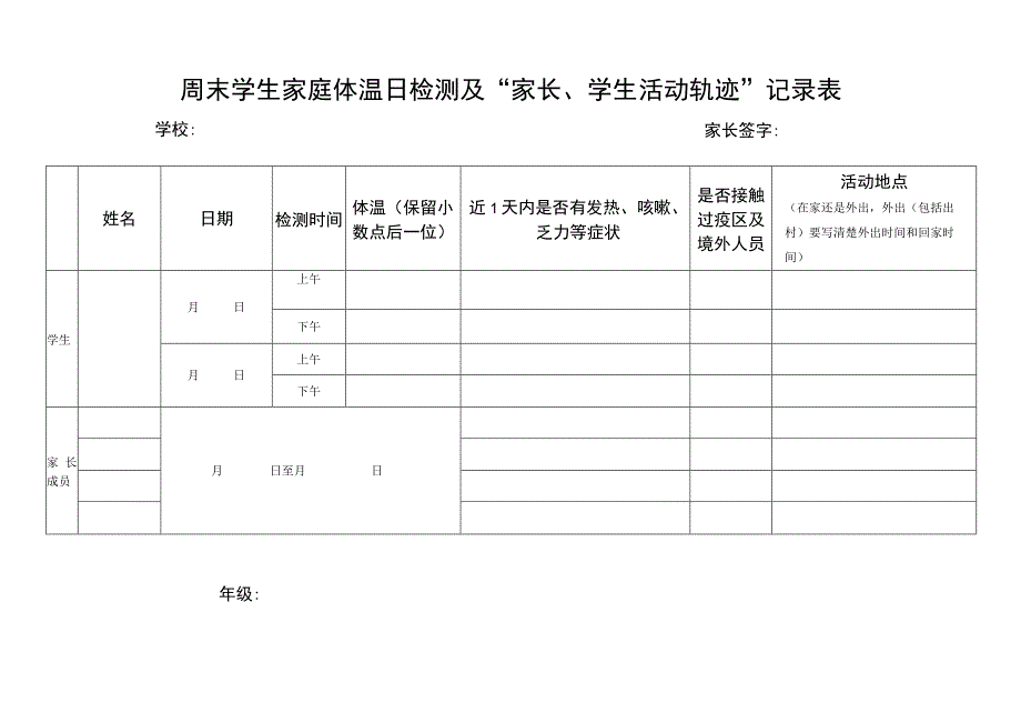 周末学生家庭体温日检测及“家长、学生活动轨迹”记录表.docx_第1页