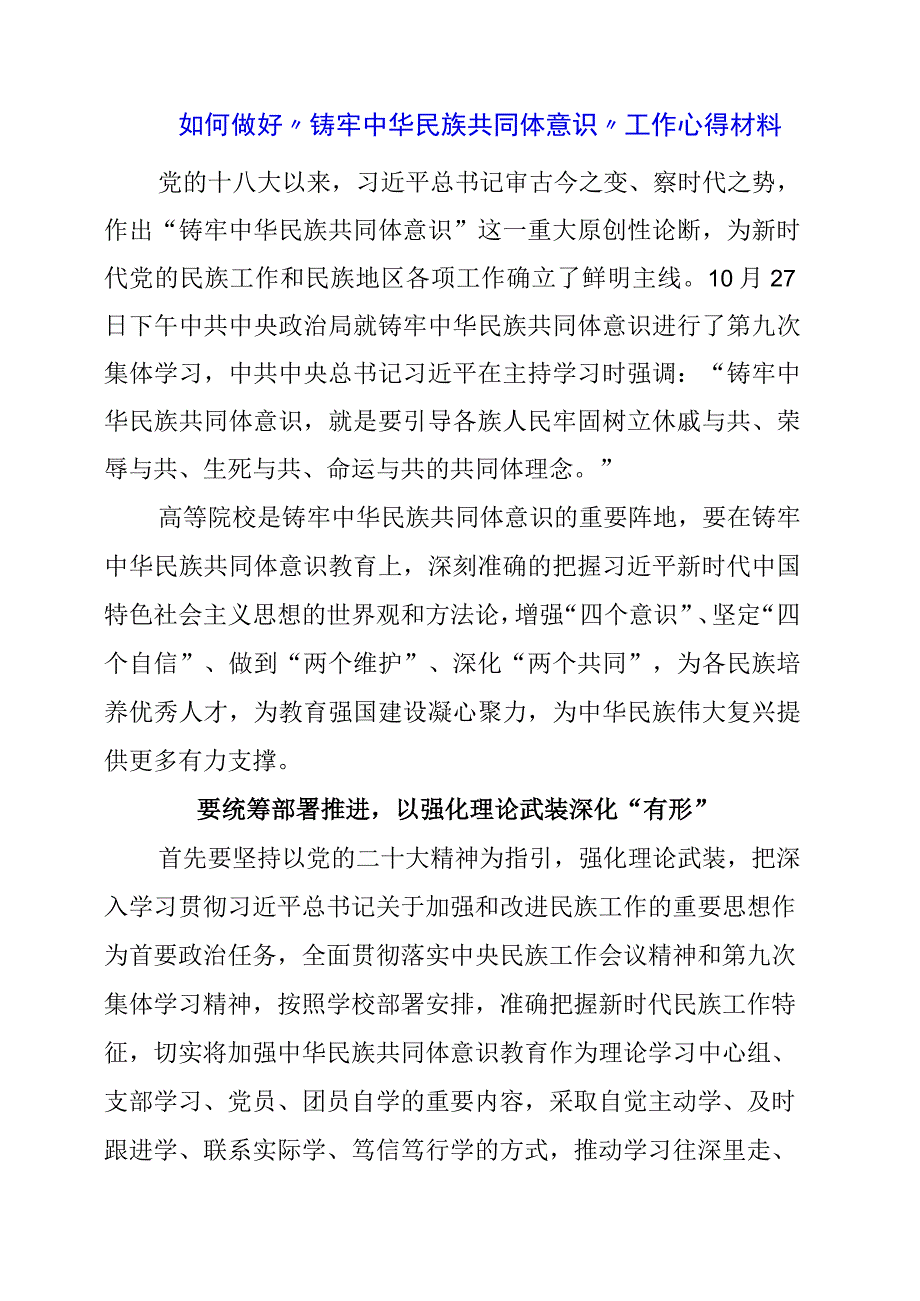 如何做好“铸牢中华民族共同体意识”工作心得材料.docx_第1页