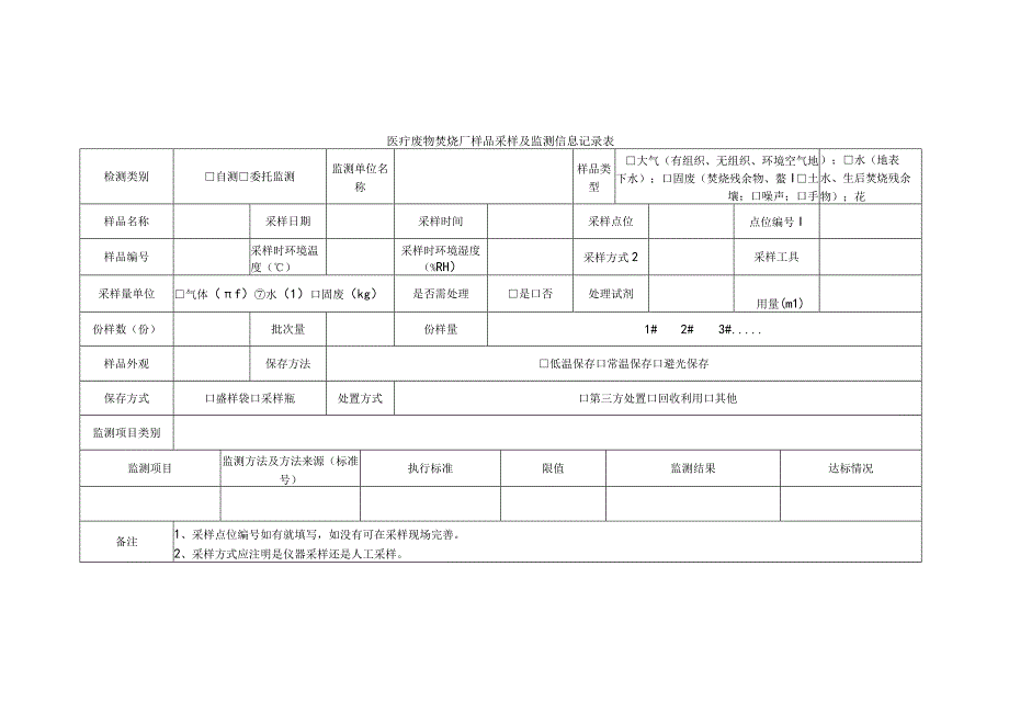 医疗废物焚烧厂样品采样及监测信息记录表.docx_第1页