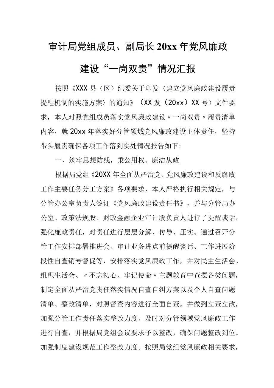 审计局党组成员、副局长20xx年党风廉政建设“一岗双责”情况汇报.docx_第1页