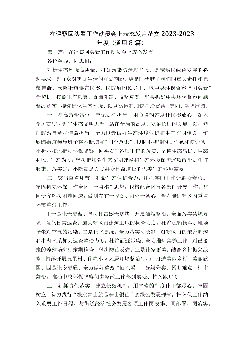 在巡察回头看工作动员会上表态发言范文2023-2023年度(通用8篇).docx_第1页