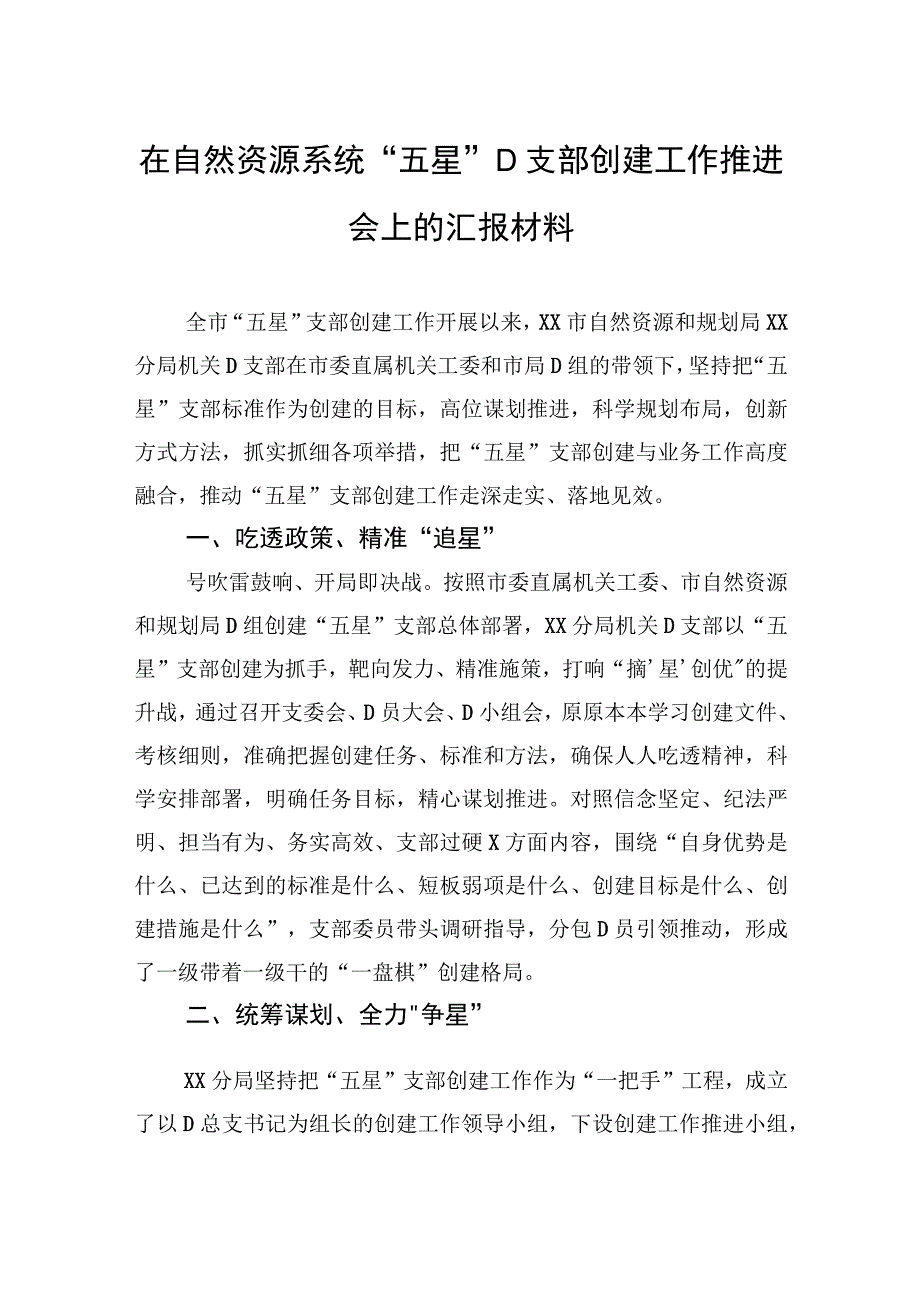 在自然资源系统“五星”党支部创建工作推进会上的汇报材料.docx_第1页