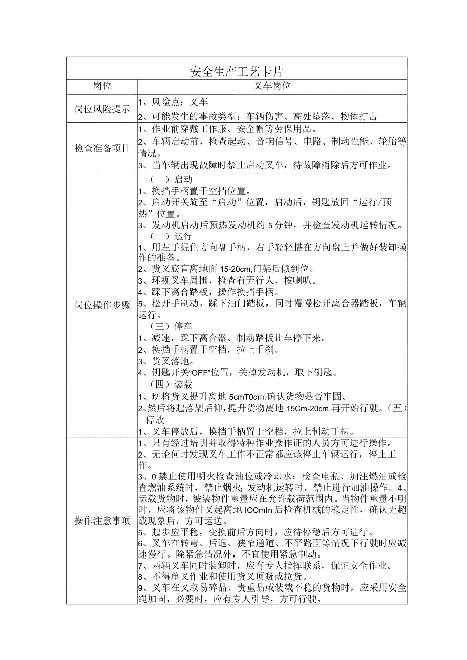 岗位安全生产工艺卡片(叉车岗位).docx_第1页