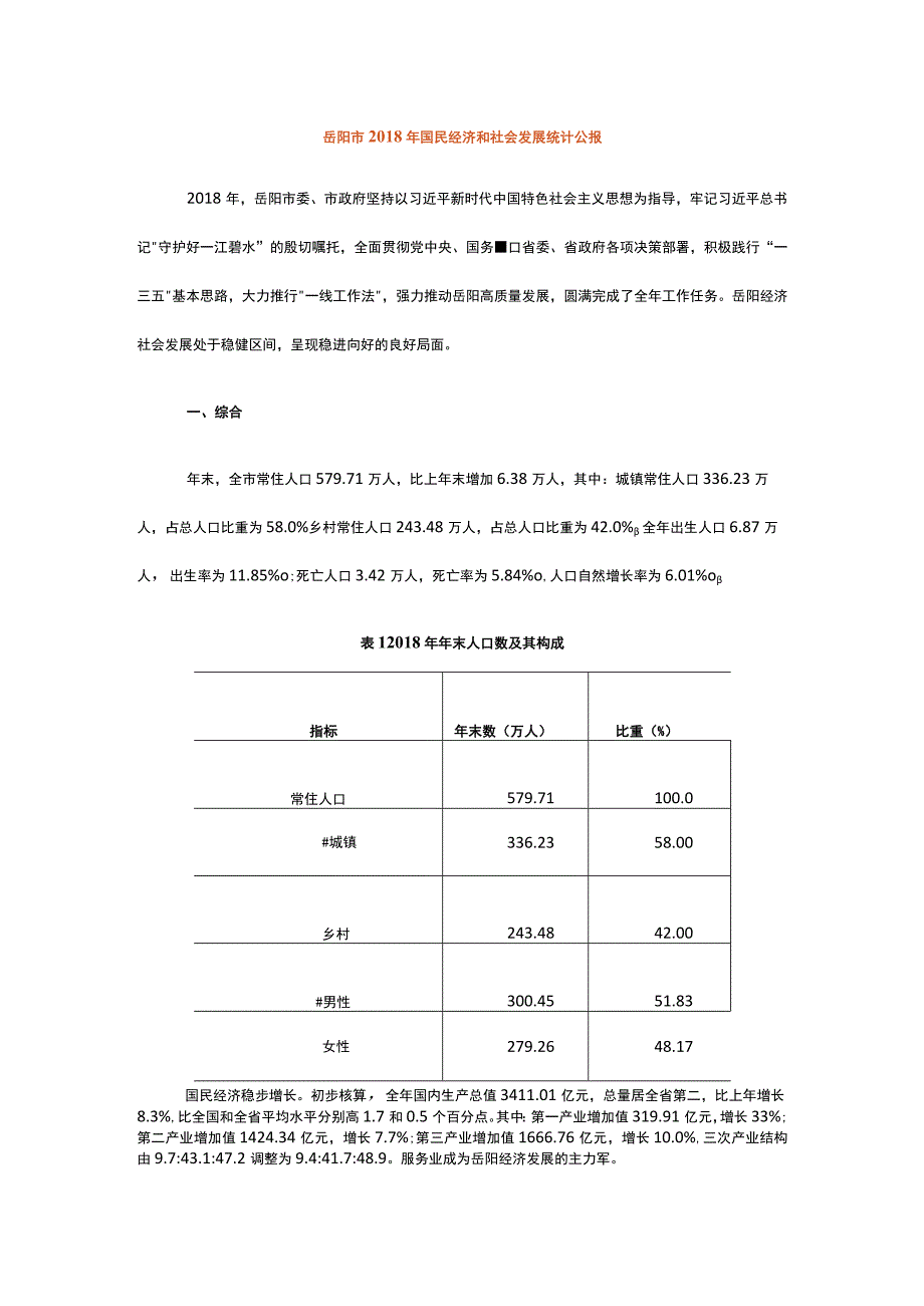 岳阳市2018年国民经济和社会发展统计公报.docx_第1页