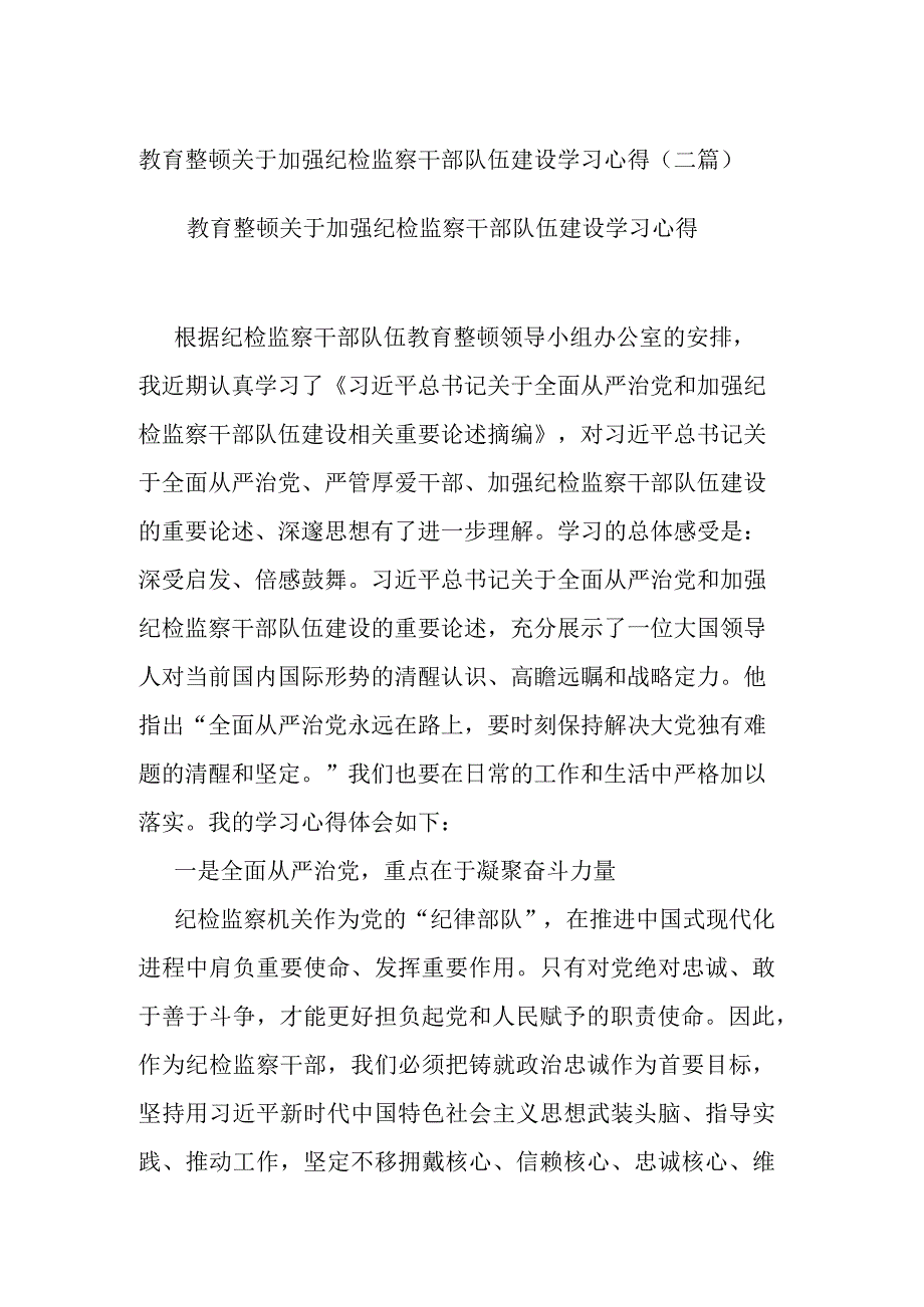 教育整顿关于加强纪检监察干部队伍建设学习心得(二篇).docx_第1页