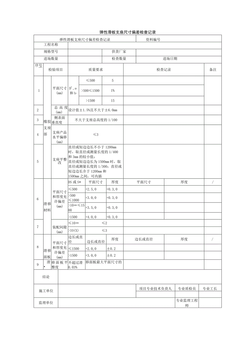 弹性滑板支座尺寸偏差检查记录.docx_第1页