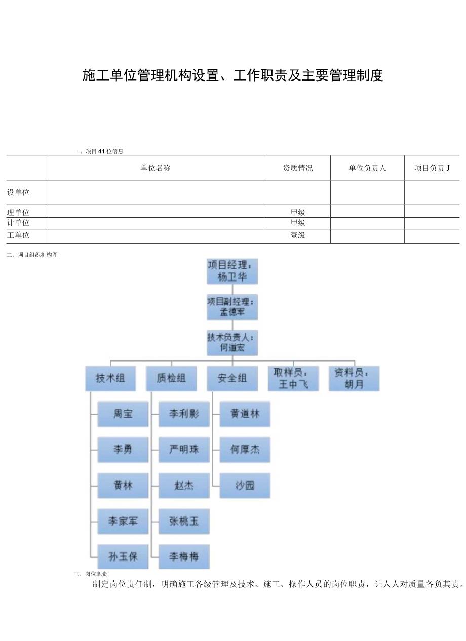 施工单位管理机构设置、工作职责及主要管理制度.docx_第1页