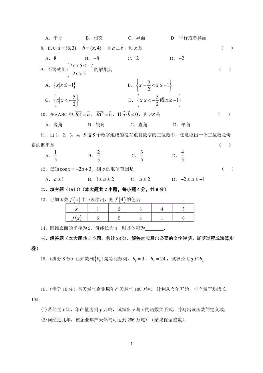 江苏省中等职业学校职教高考数学水平测试.doc_第2页