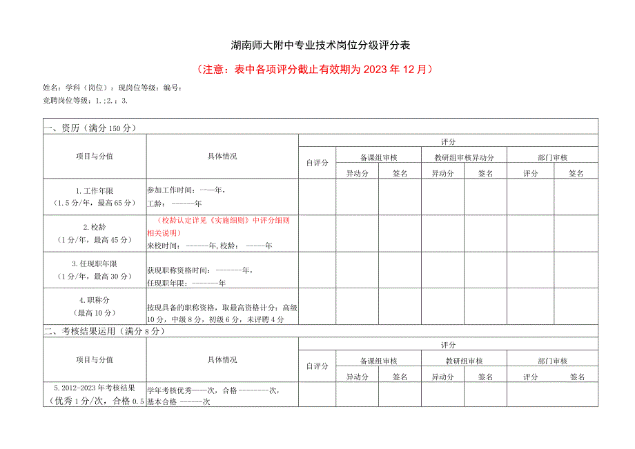 湖南师大附中专业技术岗位分级评分表.docx_第1页