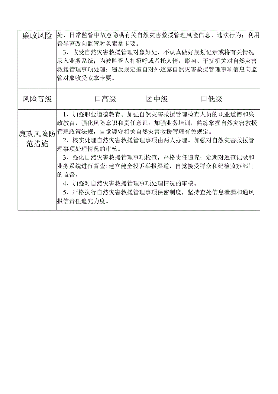 某县应急管理部门自然灾害救援管理干部个人岗位廉政风险点排查登记表.docx_第2页