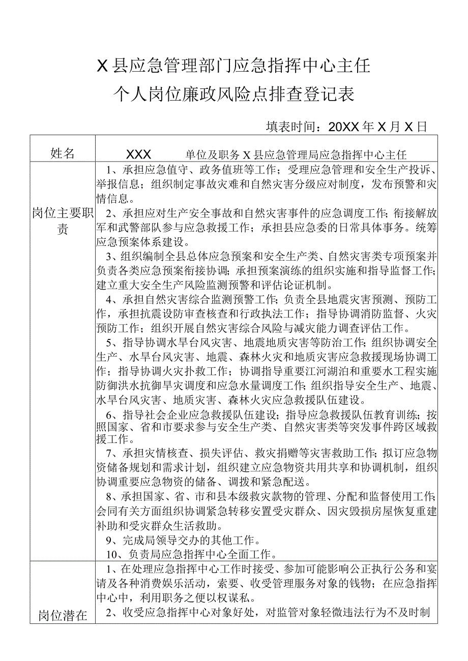 某县应急管理部门应急指挥中心主任个人岗位廉政风险点排查登记表.docx_第1页