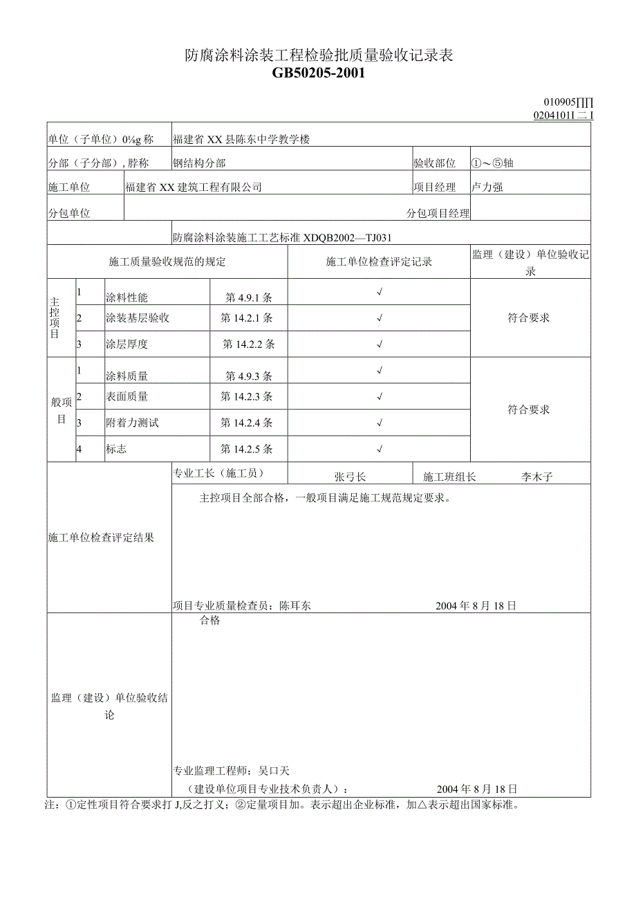 防腐涂料涂装工程检验批质量验收记录表.docx_第1页