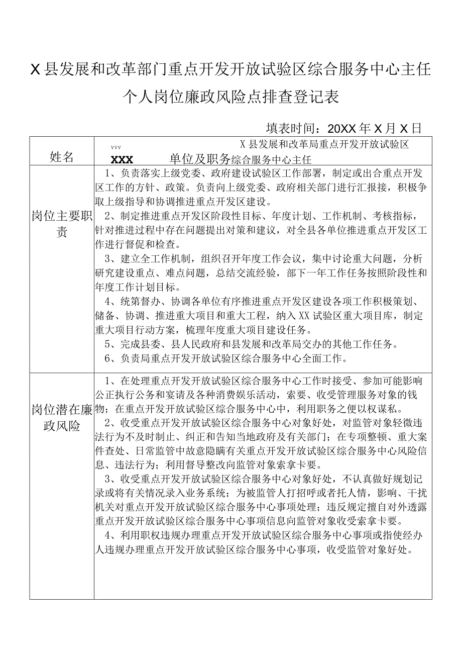 某县发展和改革部门重点开发开放试验区综合服务中心主任个人岗位廉政风险点排查登记表.docx_第1页