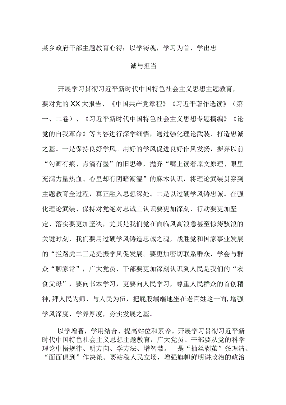 某乡政府干部主题教育心得：以学铸魂学习为首、学出忠诚与担当.docx_第1页