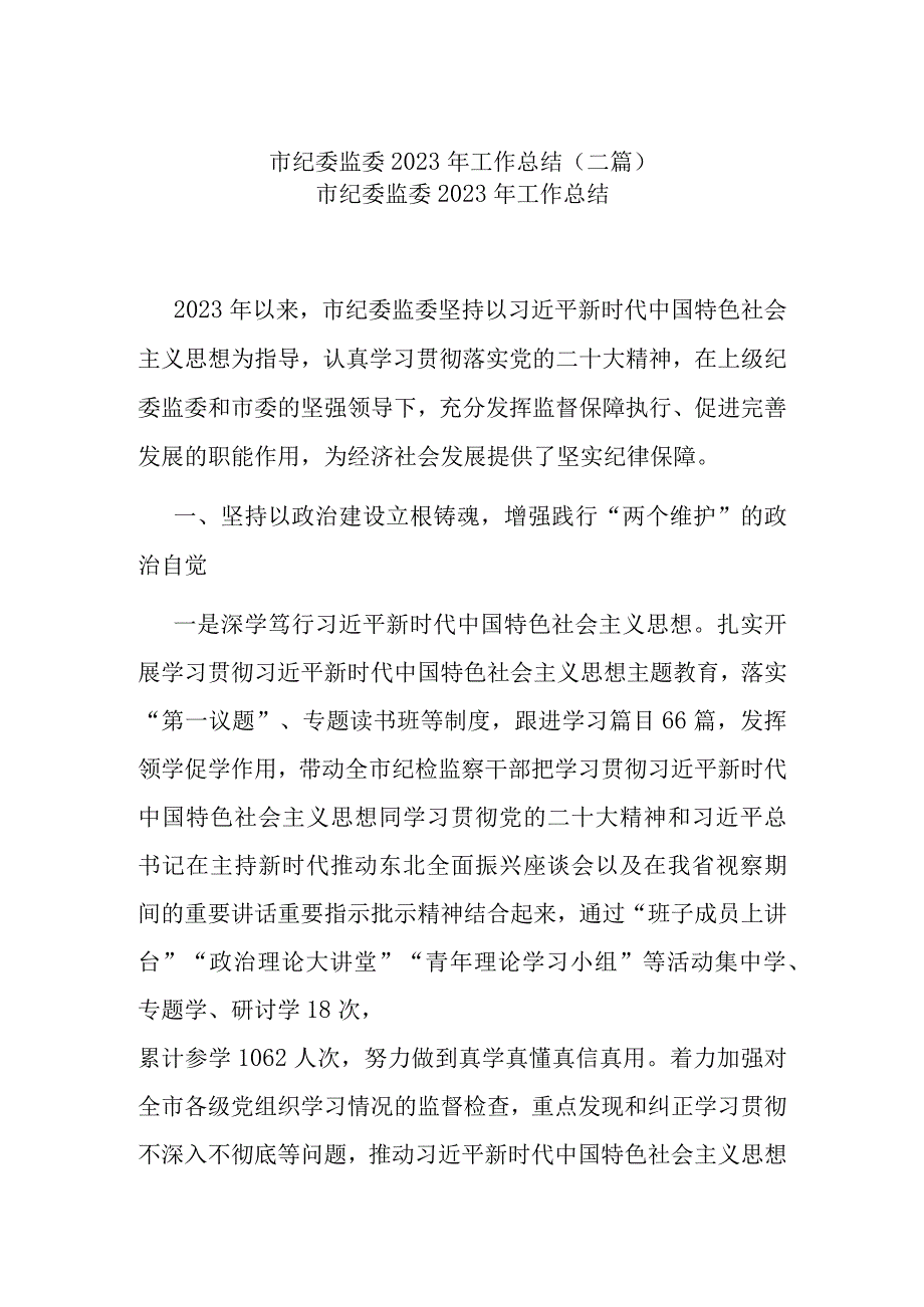 市纪委监委2023年工作总结(二篇).docx_第1页