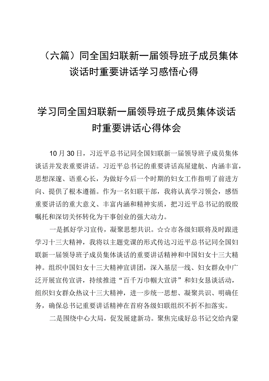 （六篇）同全国妇联新一届领导班子成员集体谈话时重要讲话学习感悟心得.docx_第1页