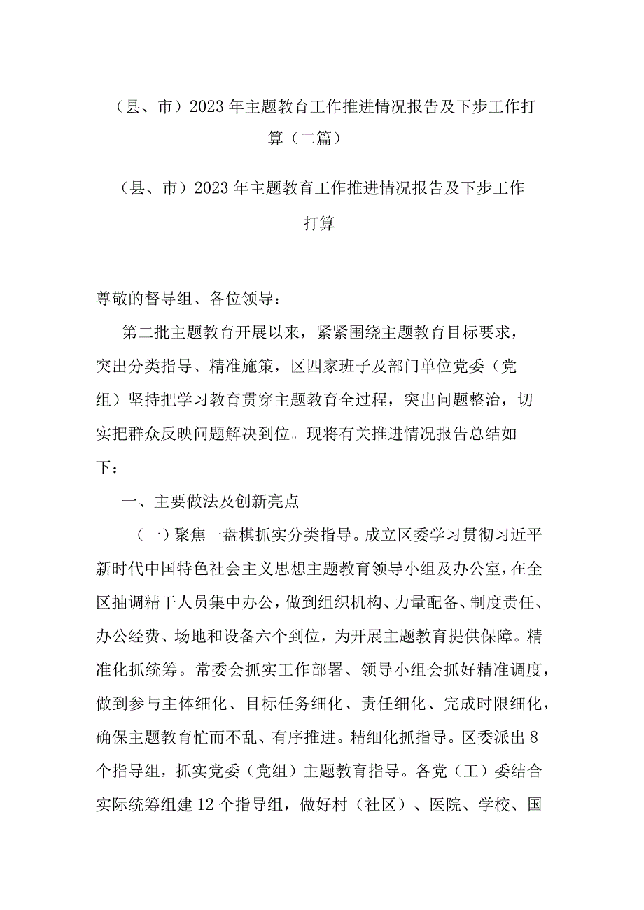 （县、市）2023年主题教育工作推进情况报告及下步工作打算（二篇）.docx_第1页