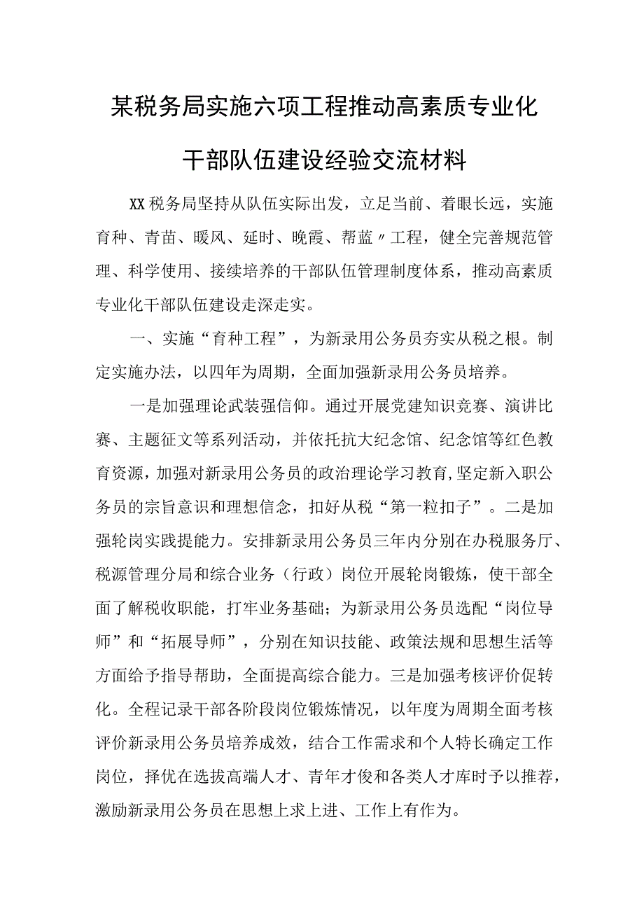 某税务局实施六项工程推动高素质专业化干部队伍建设经验交流材料.docx_第1页