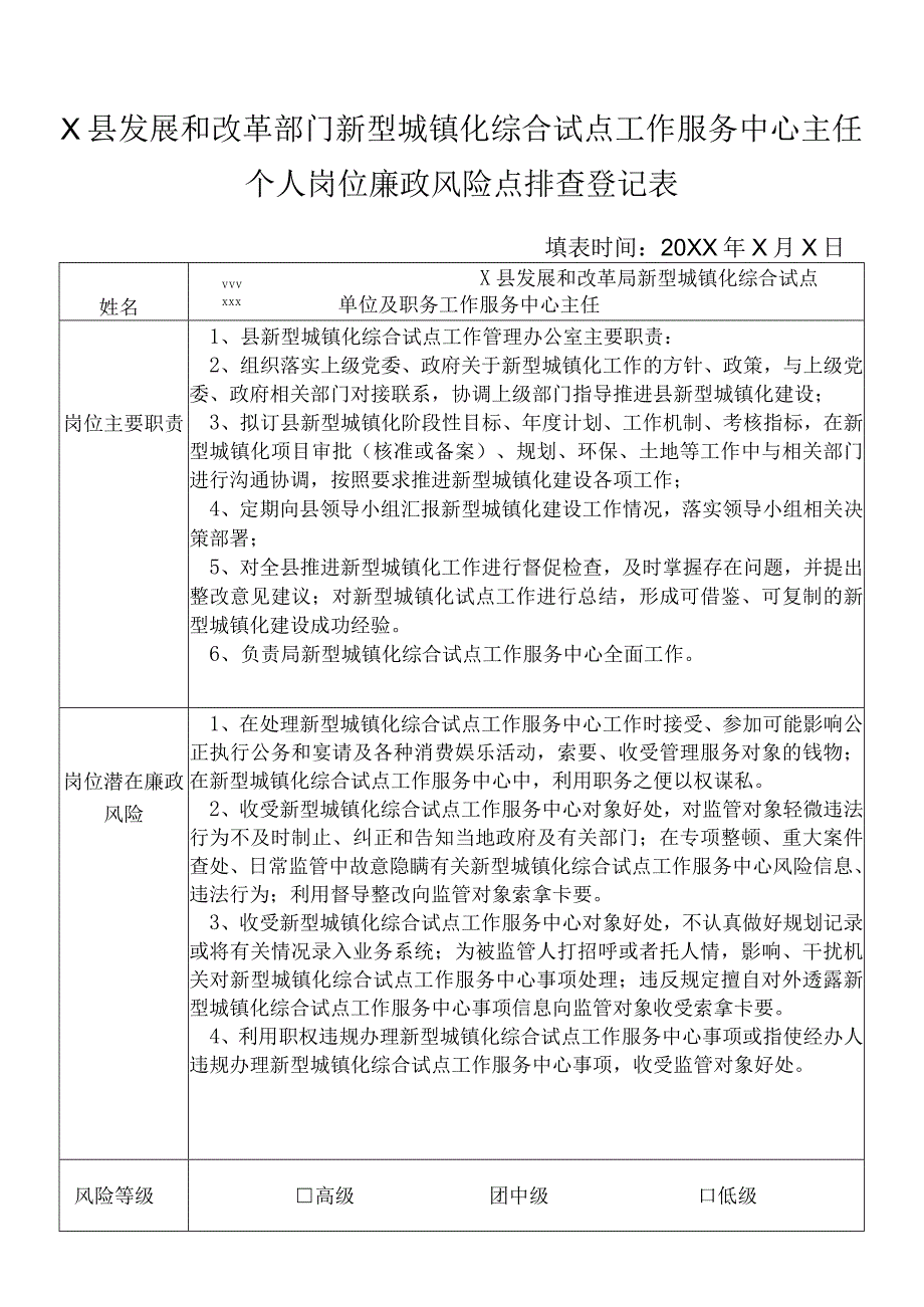 某县发展和改革部门新型城镇化综合试点工作服务中心主任任个人岗位廉政风险点排查登记表.docx_第1页