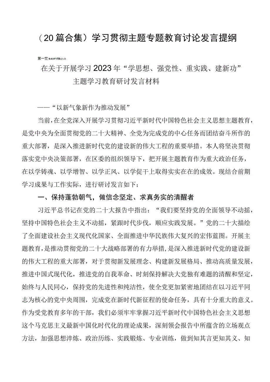 （20篇合集）学习贯彻主题专题教育讨论发言提纲.docx_第1页