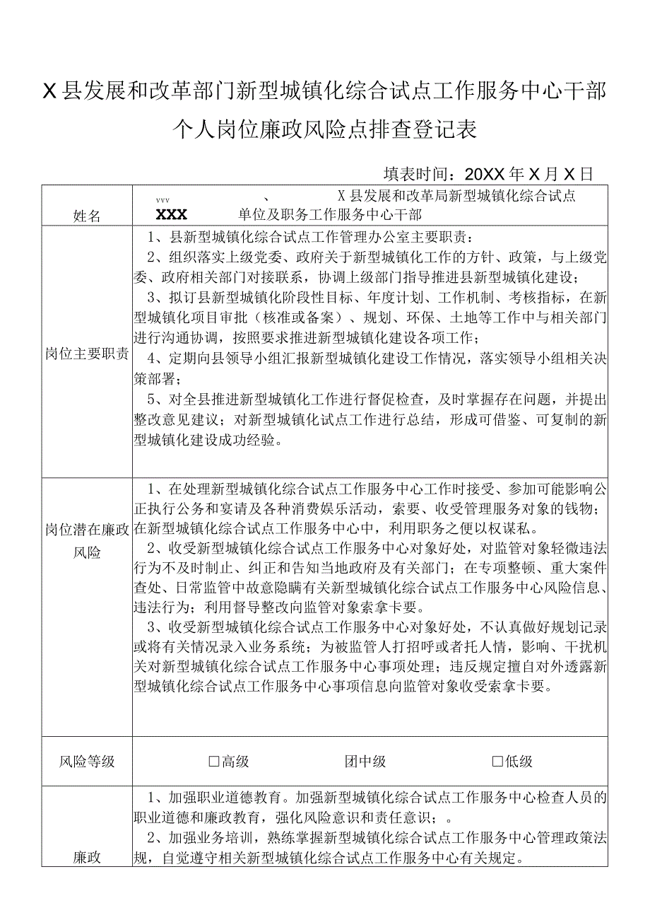 某县发展和改革部门新型城镇化综合试点工作服务中心干部个人岗位廉政风险点排查登记表.docx_第1页