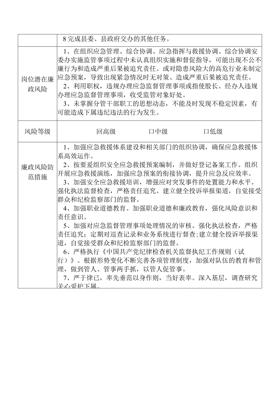 某县应急管理部门分管应急管理综合协调应急指挥与救援协调综合协调安委办及政策法规等副职个人岗位廉政风险点排查登记表.docx_第2页