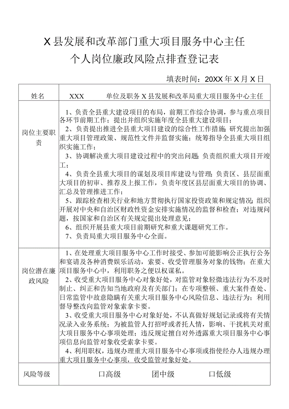 某县发展和改革部门重大项目服务中心主任个人岗位廉政风险点排查登记表.docx_第1页