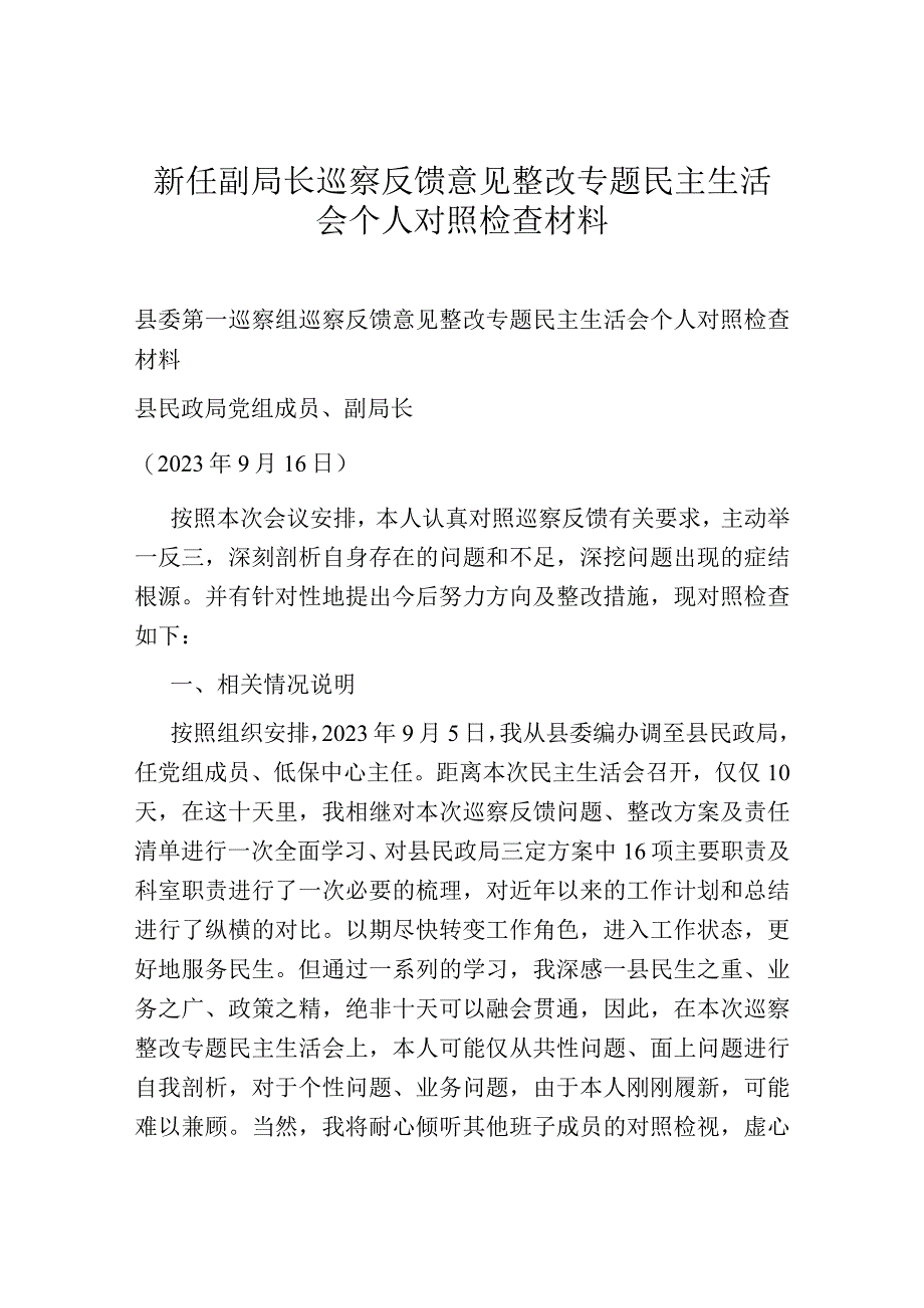 新任副局长巡察反馈意见整改专题民主生活会个人对照检查材料.docx_第1页