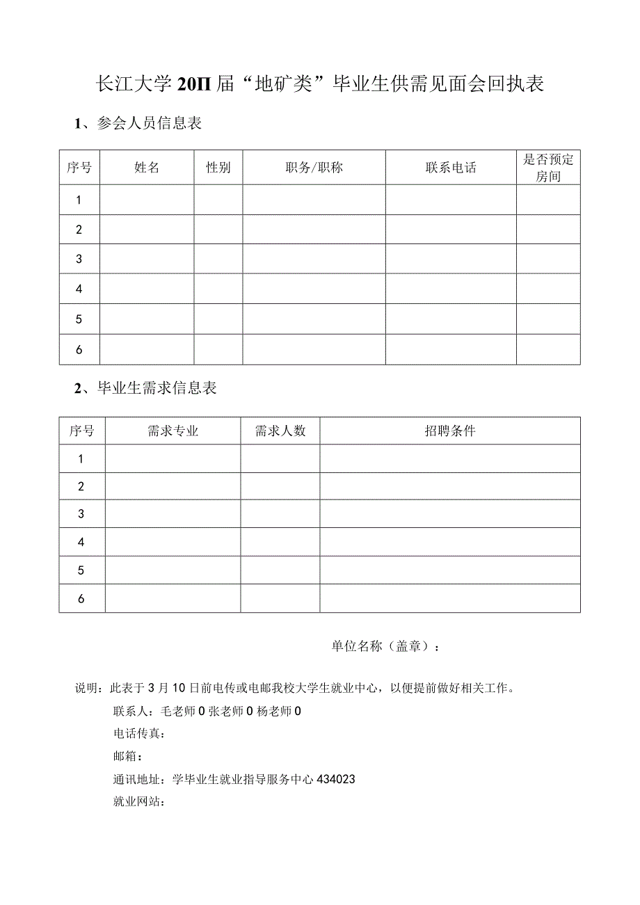 长江大学2011届“地矿类”毕业生供需见面会回执表.docx_第1页