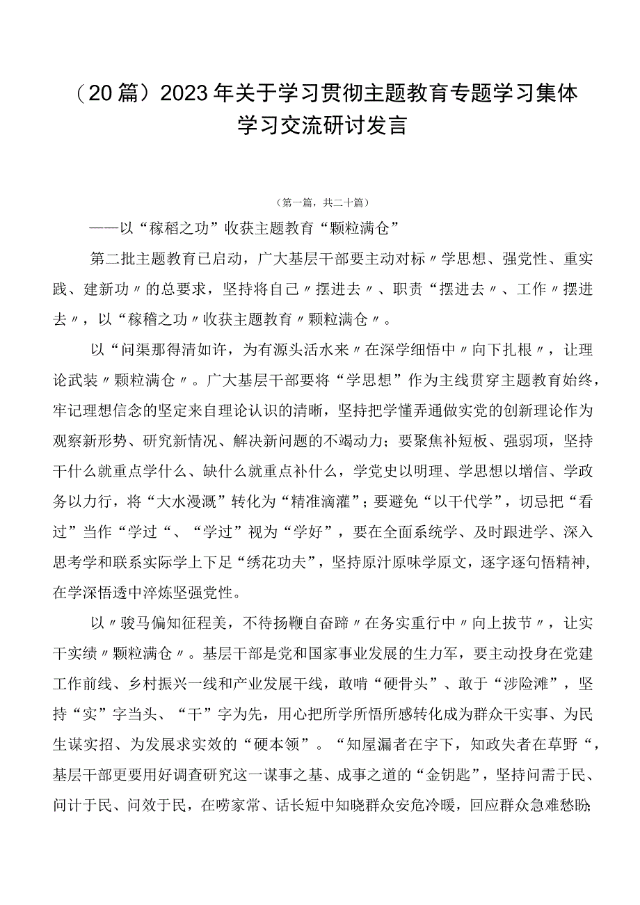 （20篇）2023年关于学习贯彻主题教育专题学习集体学习交流研讨发言.docx_第1页