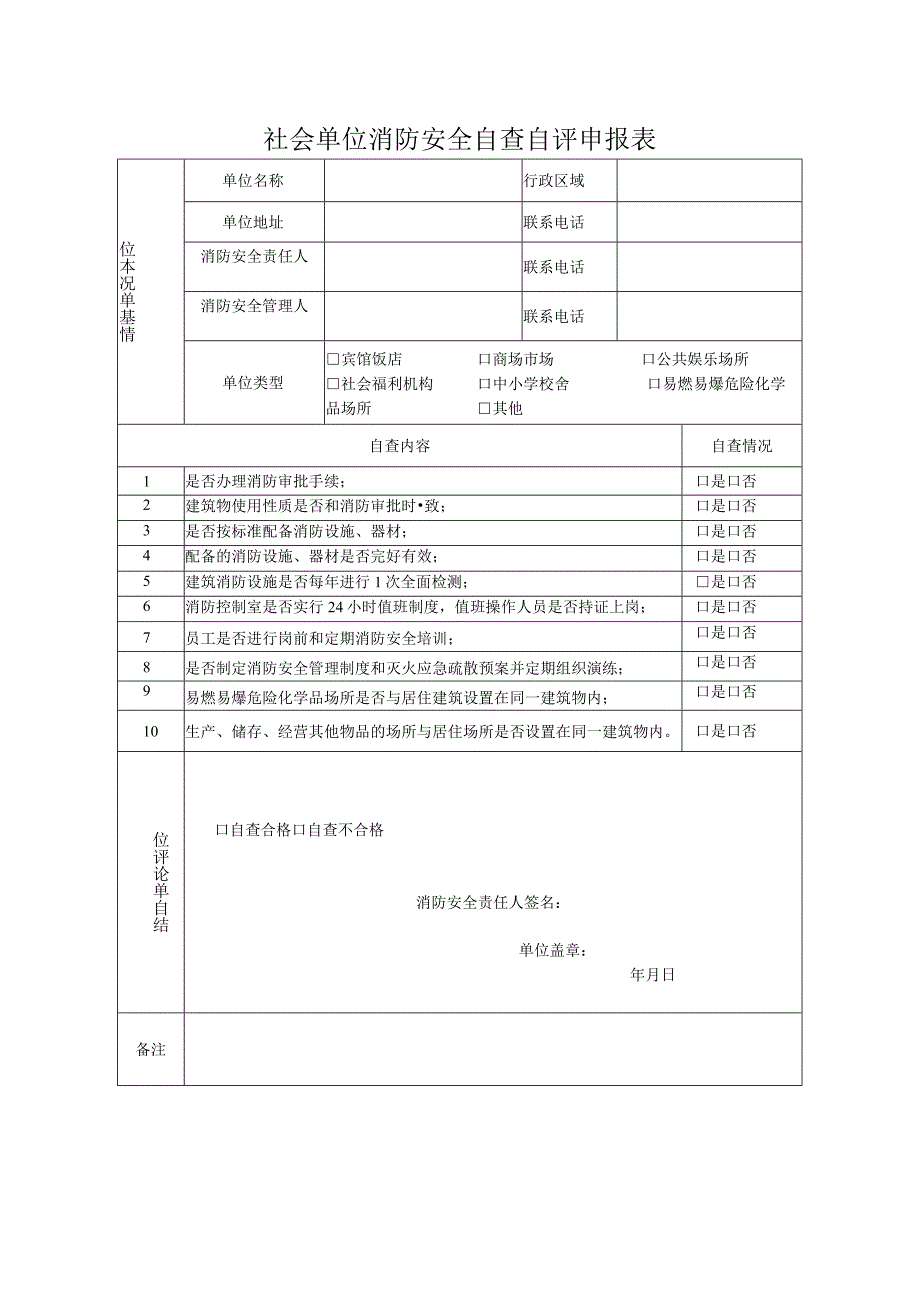 社会单位消防安全自查自评申报表.docx_第1页